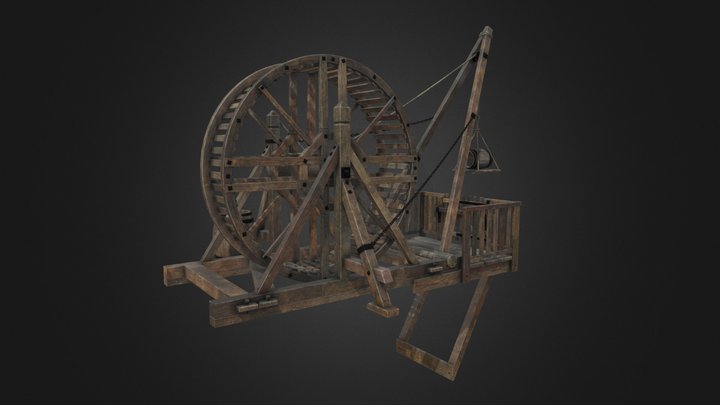 Medieval Threadwheel Wooden Crane 3D Model