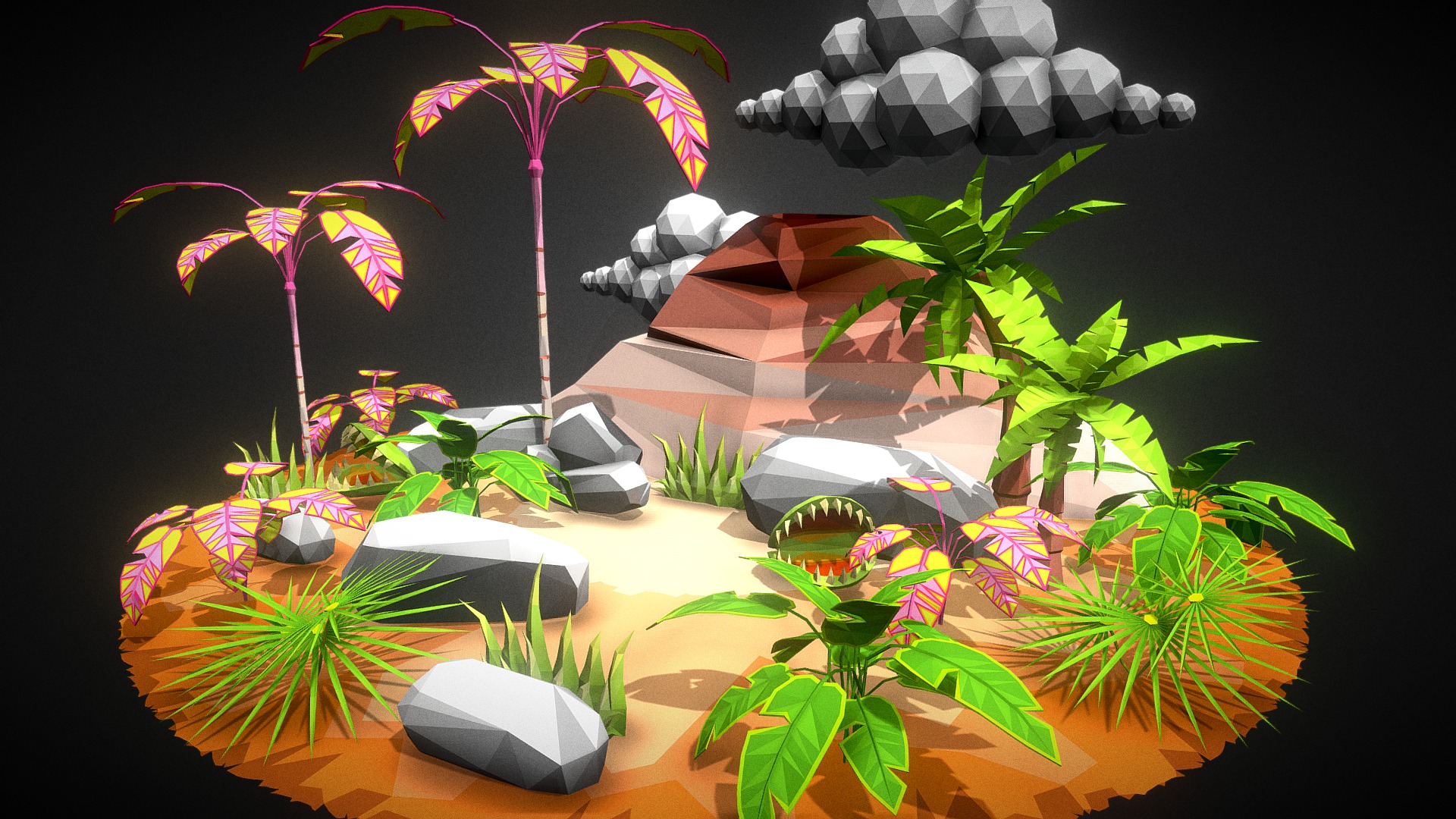 3D model Low Poly Environment Set 002 – Tropical Assets - This is a 3D model of the Low Poly Environment Set 002 - Tropical Assets. The 3D model is about a group of plants and rocks.
