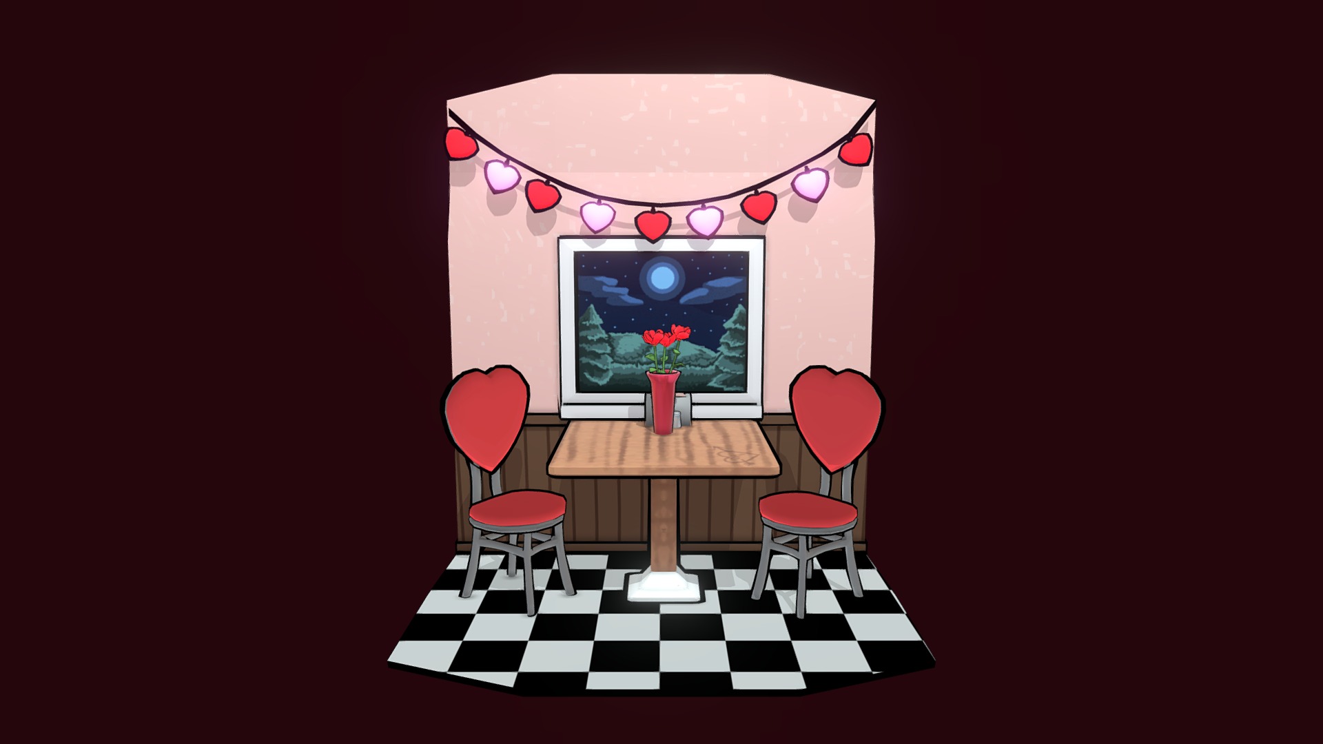 3D model Valentine’s env - This is a 3D model of the Valentine's env. The 3D model is about a table and chairs in a room.