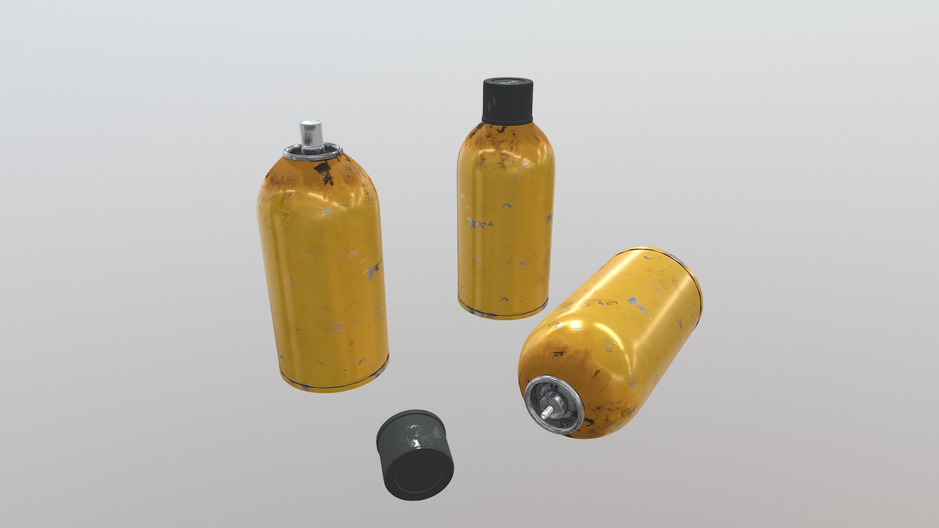 3D model Aerosol Spray (highpoly) - This is a 3D model of the Aerosol Spray (highpoly). The 3D model is about a group of yellow bottles.