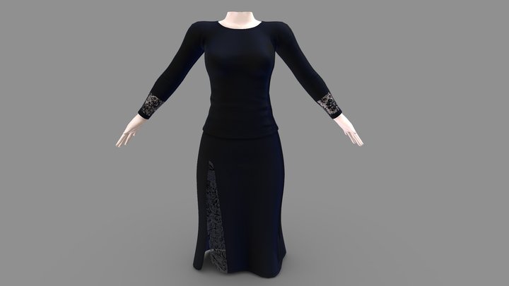 Female Lacey Black Blouse Top And Skirt Outfit 3D Model