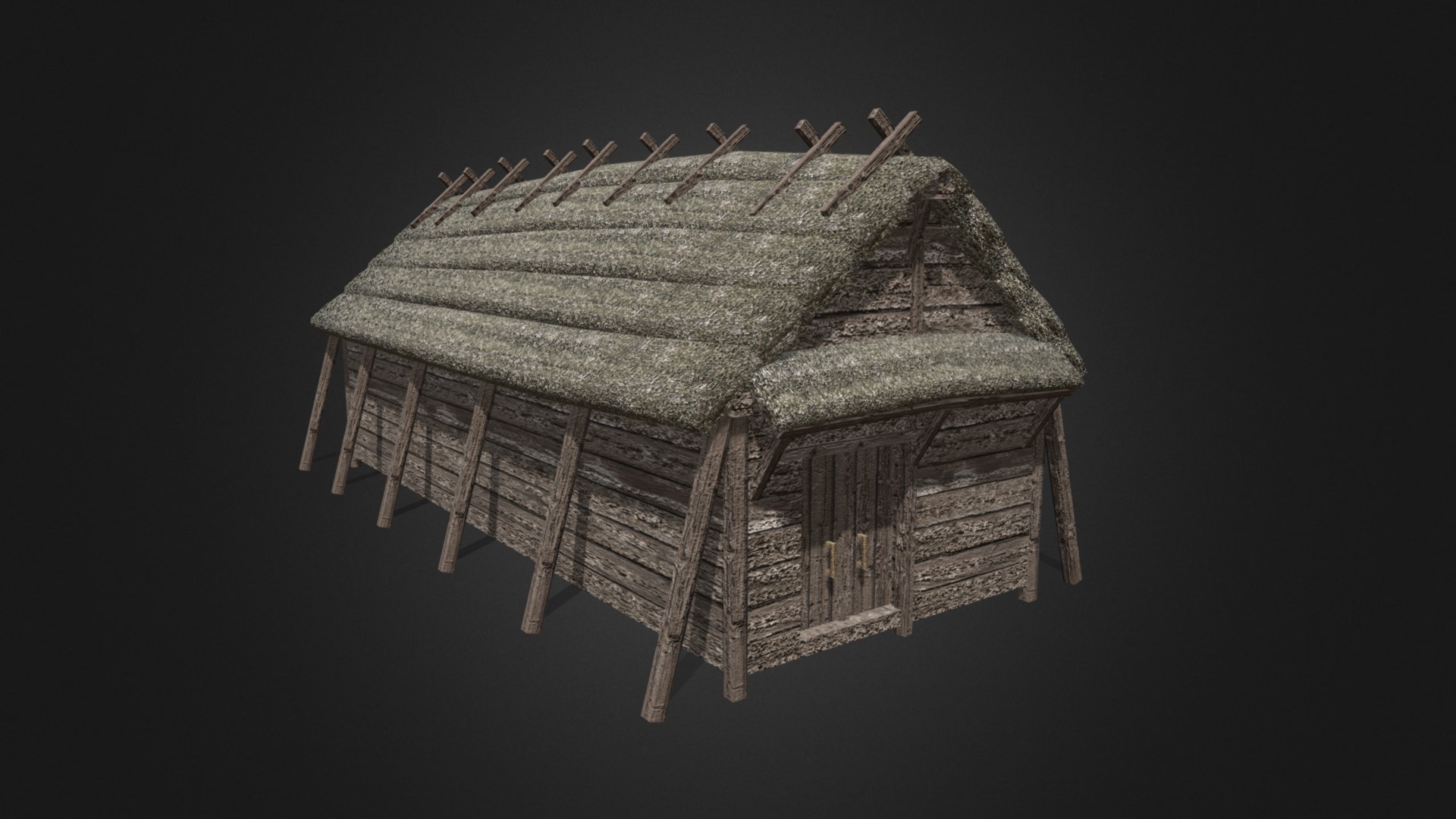 3D model Long wooden medieval house - This is a 3D model of the Long wooden medieval house. The 3D model is about a wooden house with a black background.
