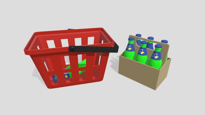 Lowpoly bottle, box and food basket 3D Model