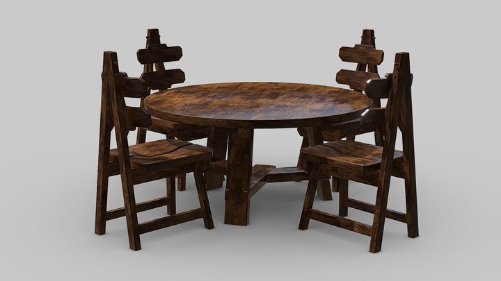 Brutalist Dining Table and Chairs Set 3D Model