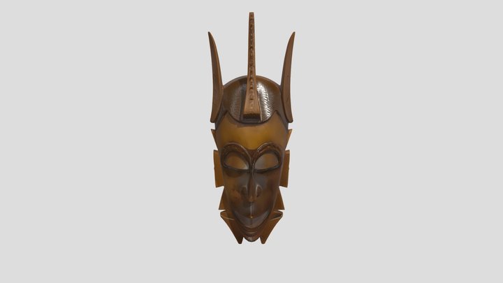 Carved wooden tribal mask with horns 3D Model