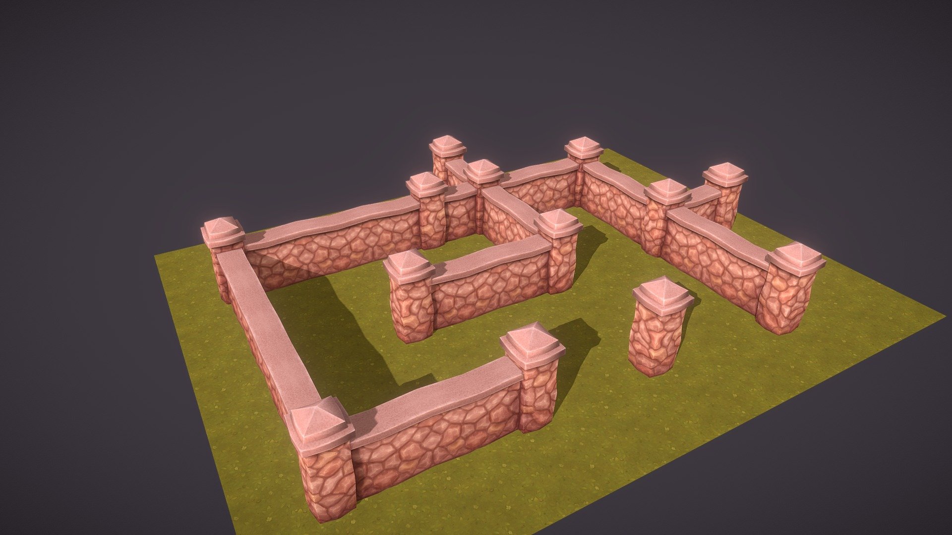 Low Poly stone fence on grass