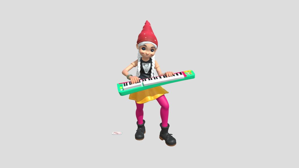 female garden gnome playing keyboards.