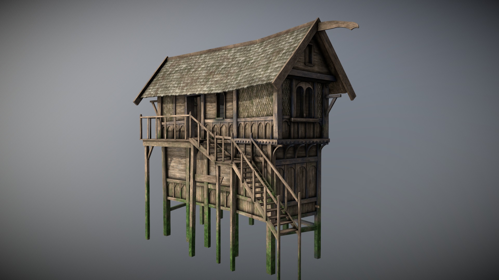 3D model Medieval Lake Village – House 17 with interiors - This is a 3D model of the Medieval Lake Village - House 17 with interiors. The 3D model is about a house on a stilts in water.