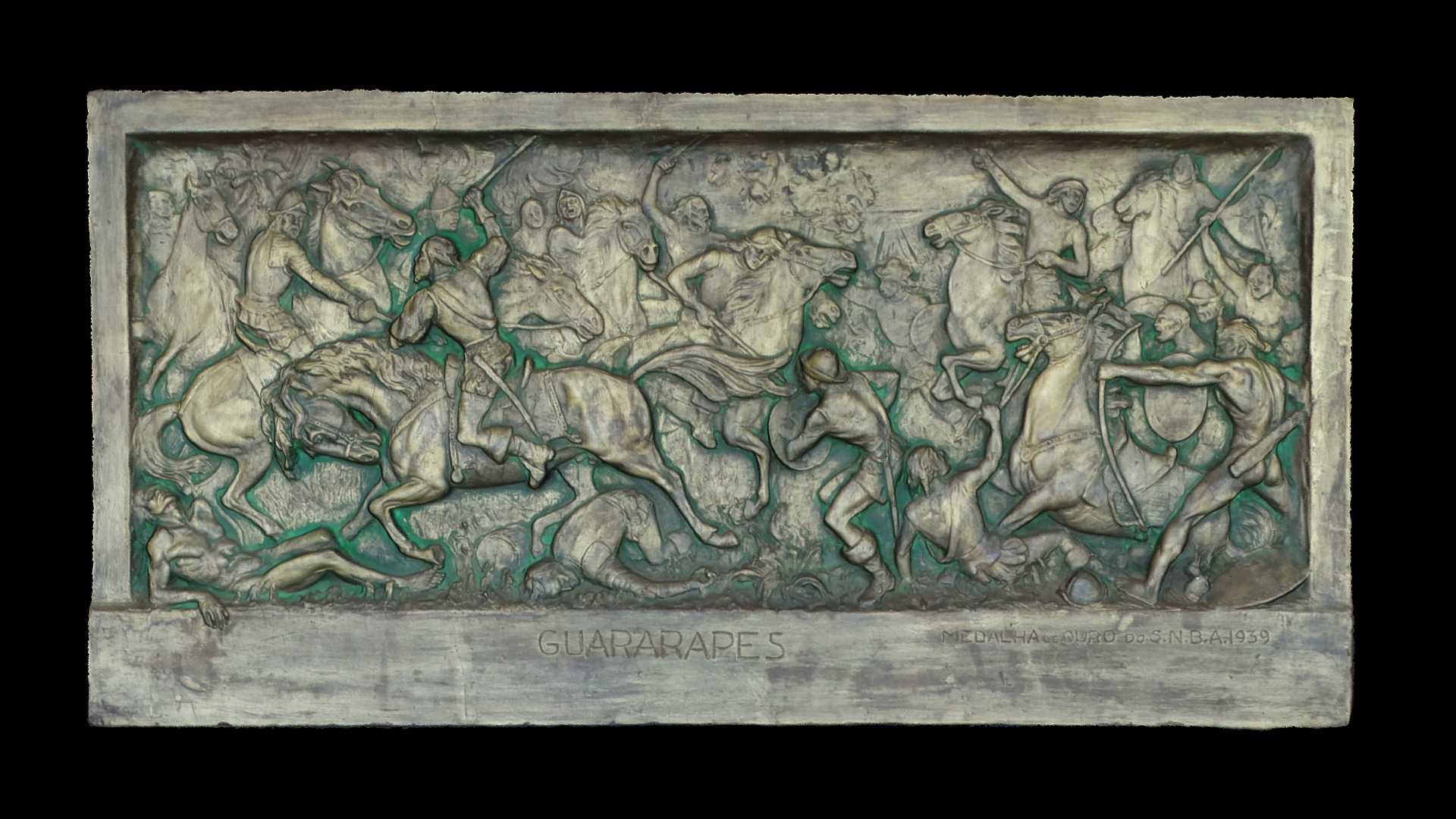 3D model Guararapes - This is a 3D model of the Guararapes. The 3D model is about a stone plaque with a group of people riding horses.