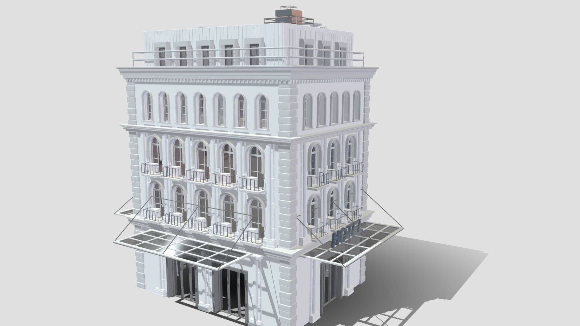 3D model Commercial Building B 1 - This is a 3D model of the Commercial Building B 1. The 3D model is about a white building with a tower.