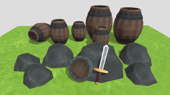 sword, shield, barrels and rocks 3D Model
