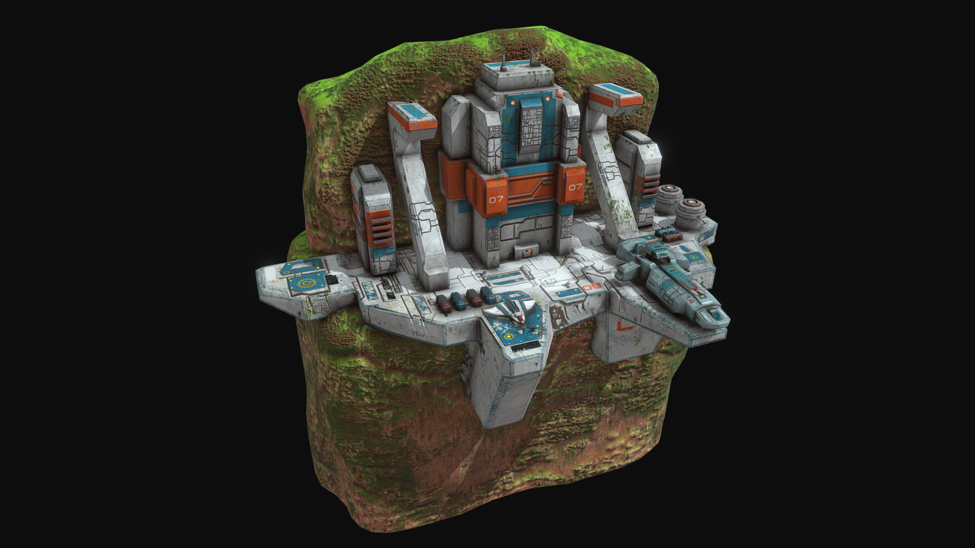3D model Low poly sci fi outpost buildings on cliffs - This is a 3D model of the Low poly sci fi outpost buildings on cliffs. The 3D model is about map.