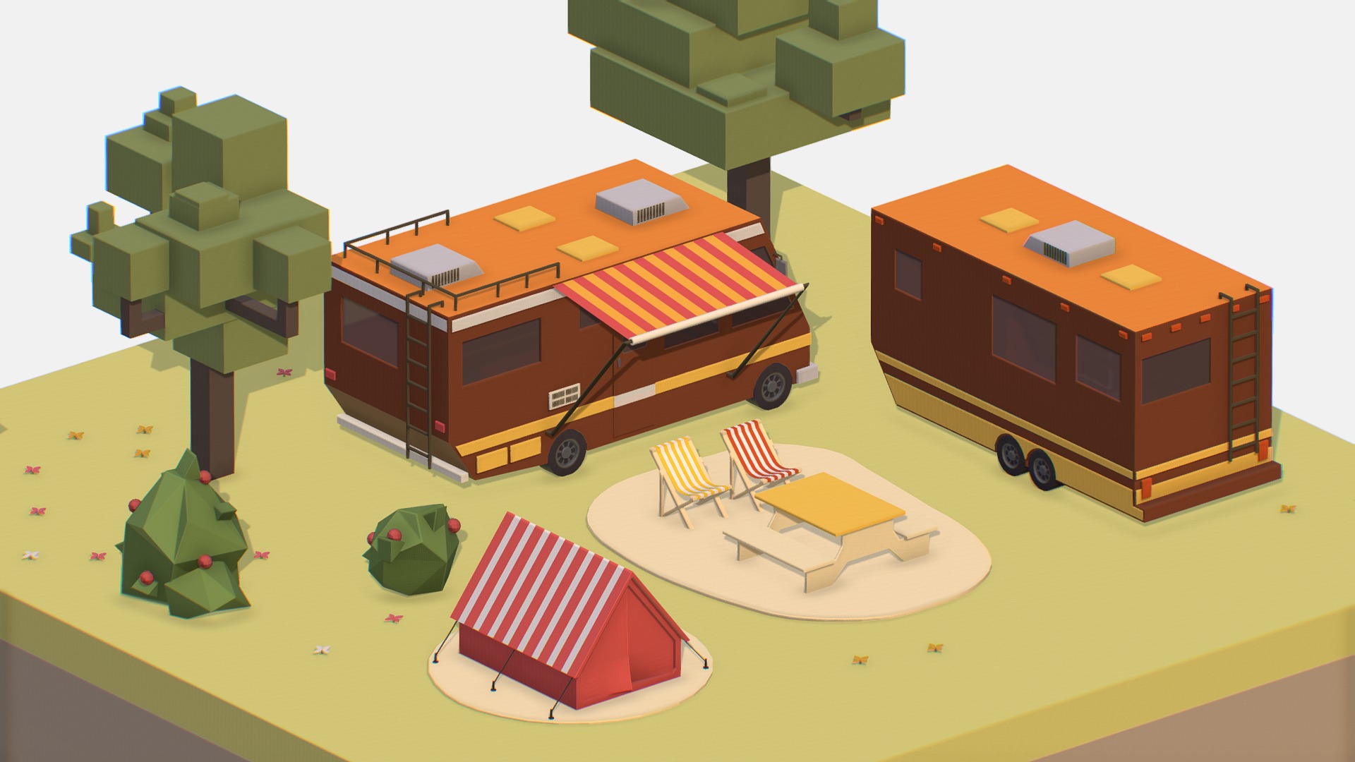 3D model isometric brown tourist van on halt in meadow - This is a 3D model of the isometric brown tourist van on halt in meadow. The 3D model is about a group of toy houses.
