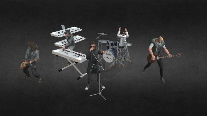 Full Group Rock and Roll Band Players 3D Model
