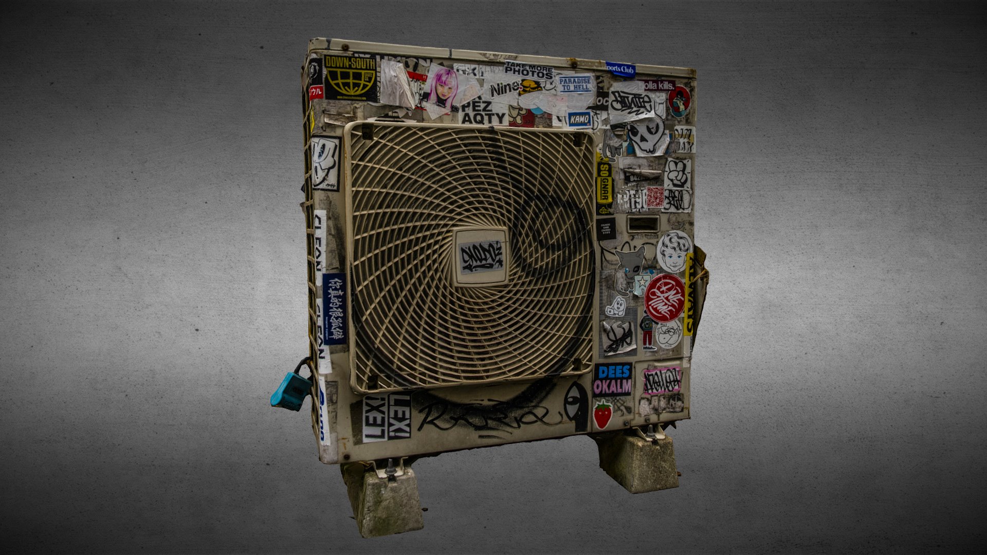 3D model Air conditioner stickers graffiti scan - This is a 3D model of the Air conditioner stickers graffiti scan. The 3D model is about a shopping cart with a basket full of money.