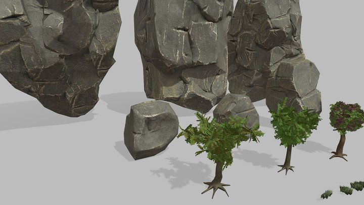 Low poly rocks and trees 3D Model