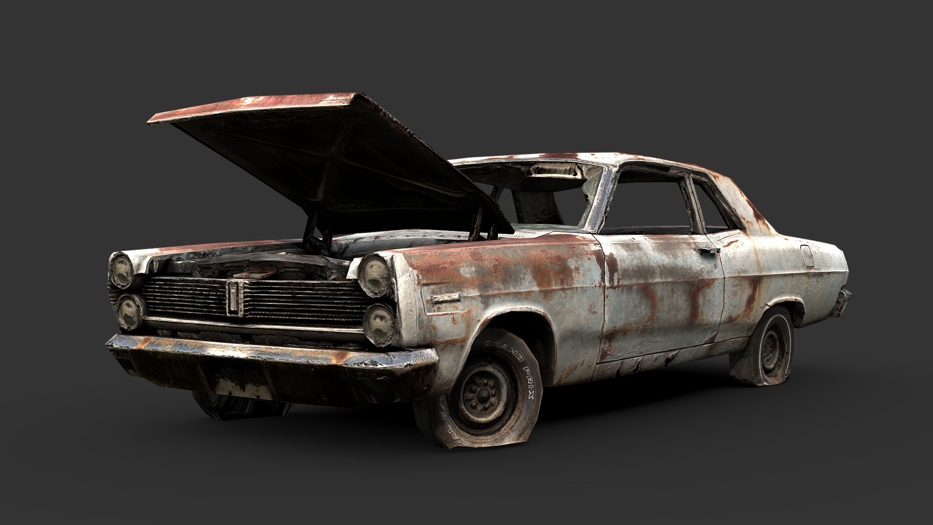3D model Rusty 1960s Coupe - This is a 3D model of the Rusty 1960s Coupe. The 3D model is about a car with an umbrella on top.