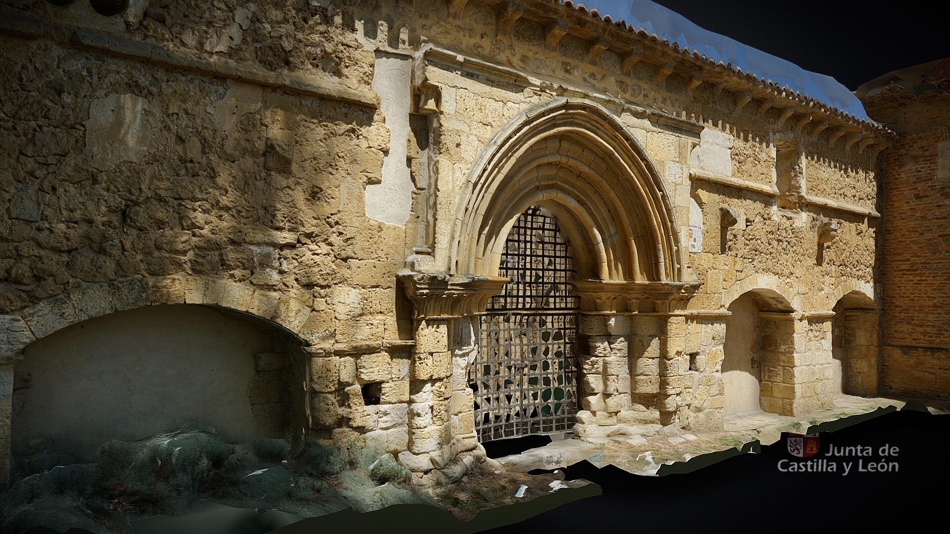 3D model San Salvador de Nogal – Exteriores - This is a 3D model of the San Salvador de Nogal - Exteriores. The 3D model is about a stone building with a large arched doorway.