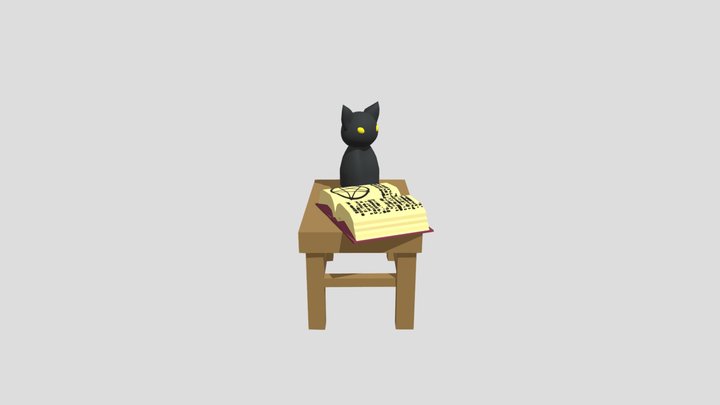 Table with black cat figurine and grimoire 3D Model