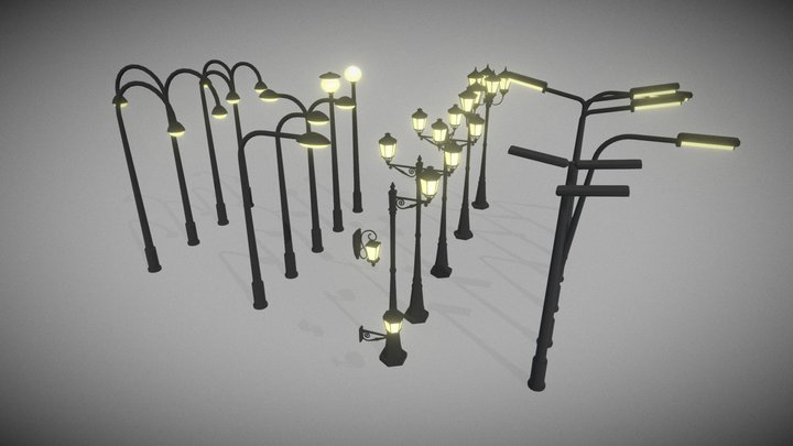 simple collection of low poly street lights v3 3D Model