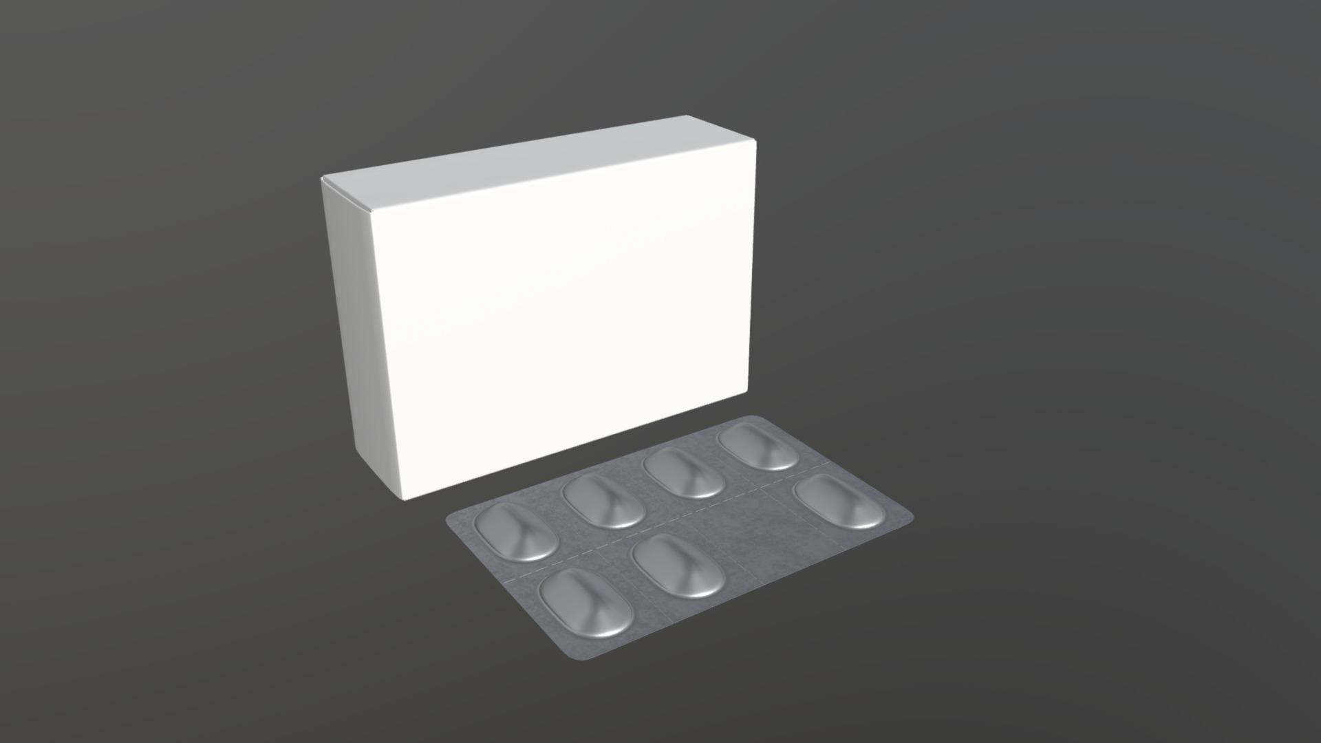 3D model Pills in blister with box - This is a 3D model of the Pills in blister with box. The 3D model is about a white rectangular object with buttons and a silver circle on a grey surface.