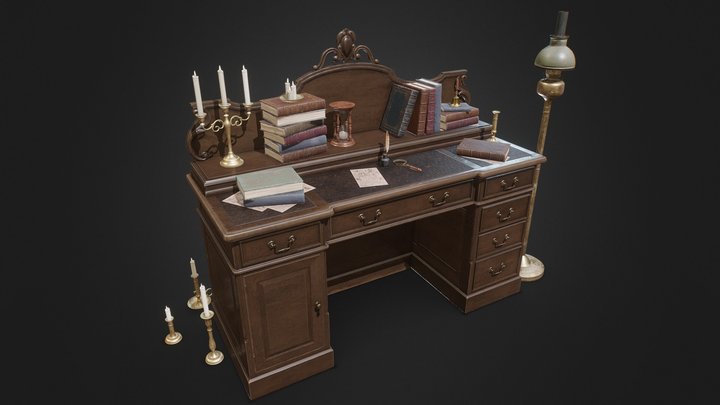 Antique Desk with Props 3D Model