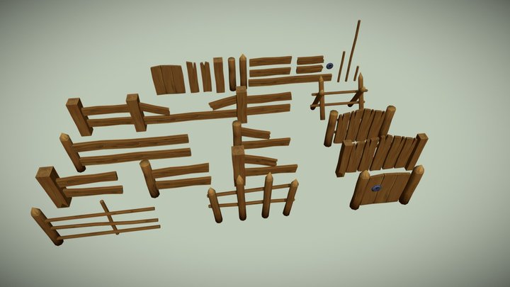 Stylized Low Poly Wooden Handpainted Fences Pack 3D Model