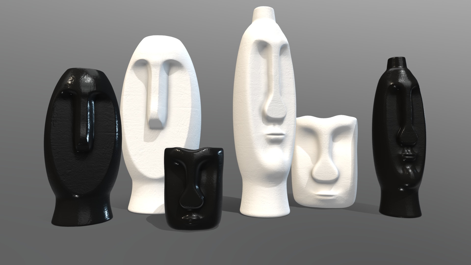 3D model Vases in form of idols - This is a 3D model of the Vases in form of idols. The 3D model is about a group of black and white vases.