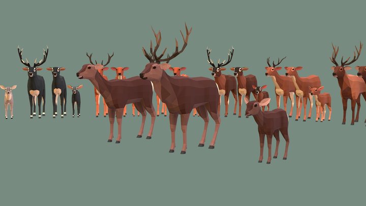 Low Poly Deer Family 3D Model