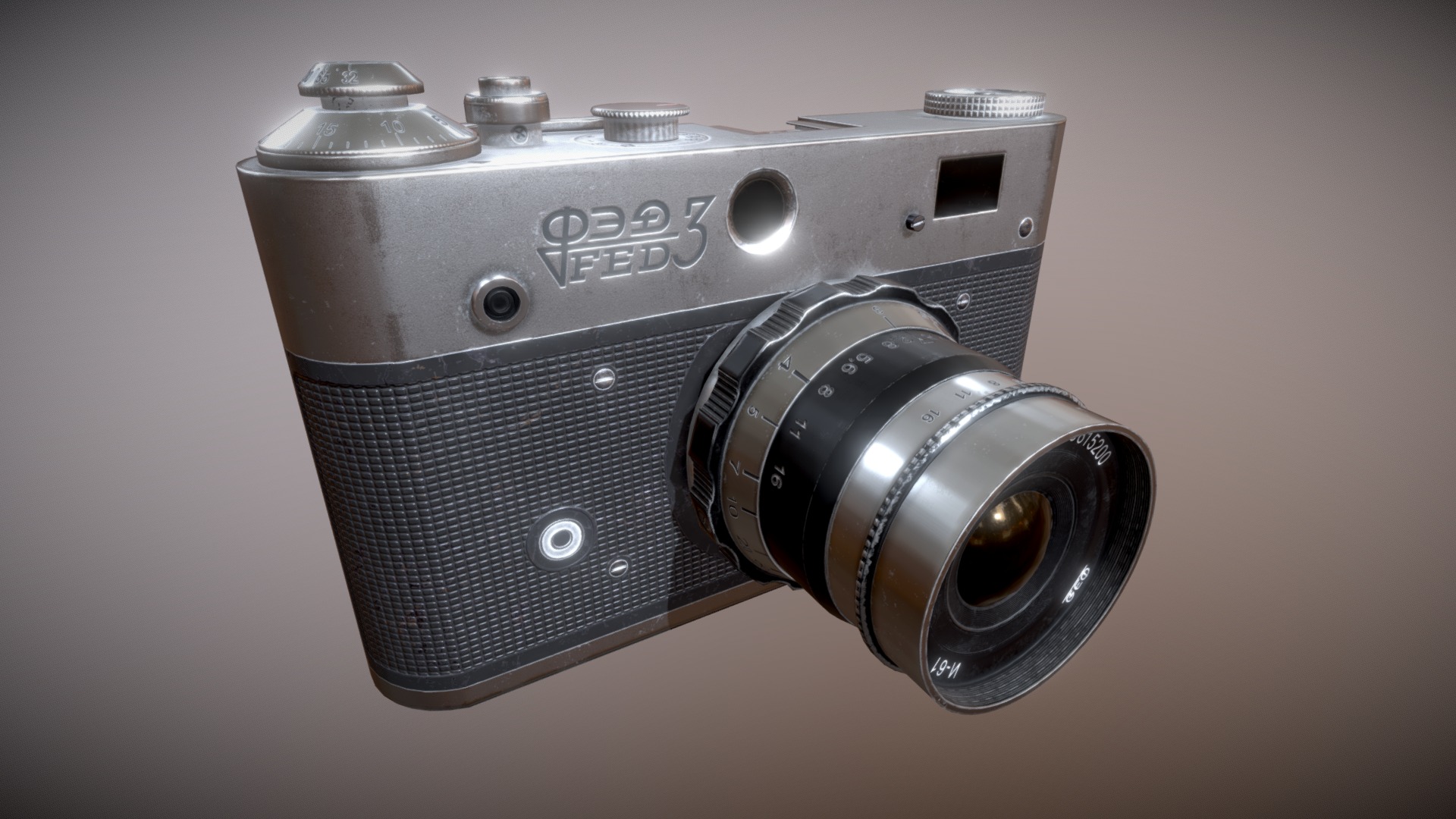3D model Soviet Vintage Camera FED3 - This is a 3D model of the Soviet Vintage Camera FED3. The 3D model is about a silver camera with a lens.