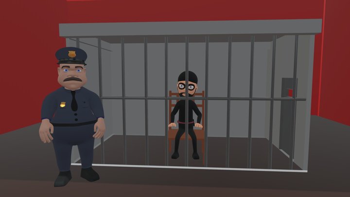 PoliceMan Officer Guards A Thief In A Cell 3D Model