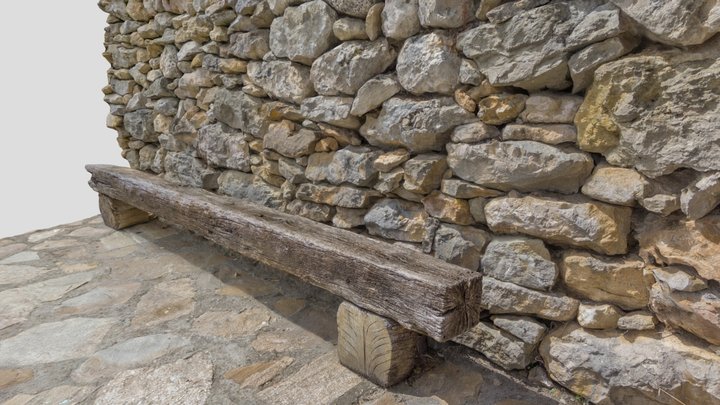 Stone wall and log bench 3D Model