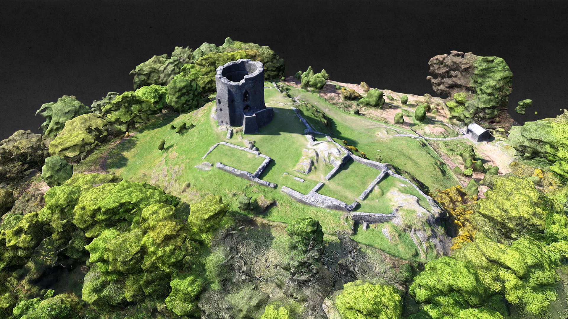 3D model Castell Dolbadarn, Snowdonia - This is a 3D model of the Castell Dolbadarn, Snowdonia. The 3D model is about a winding road through a green landscape.