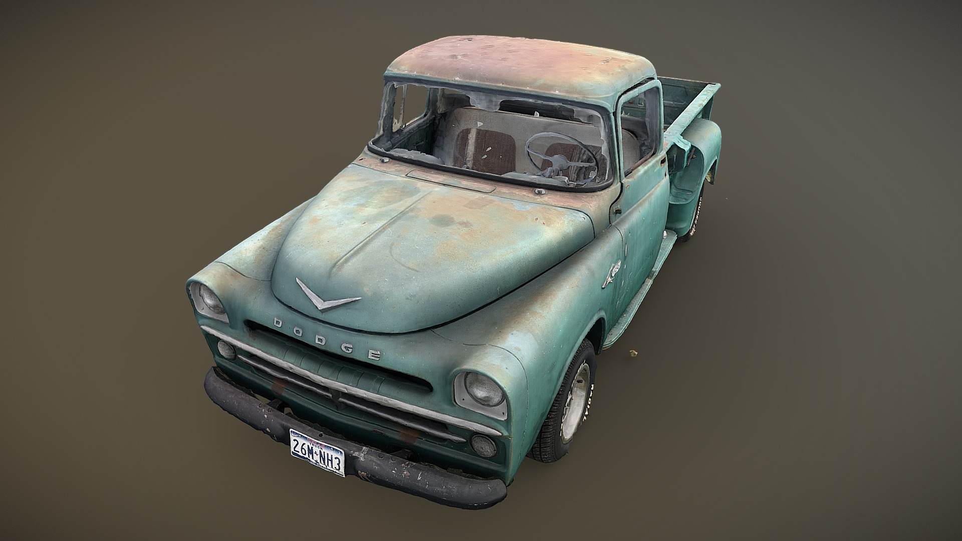 3D model 1957 Dodge Truck (photogrammetry scan) - This is a 3D model of the 1957 Dodge Truck (photogrammetry scan). The 3D model is about a green car with a brown top.