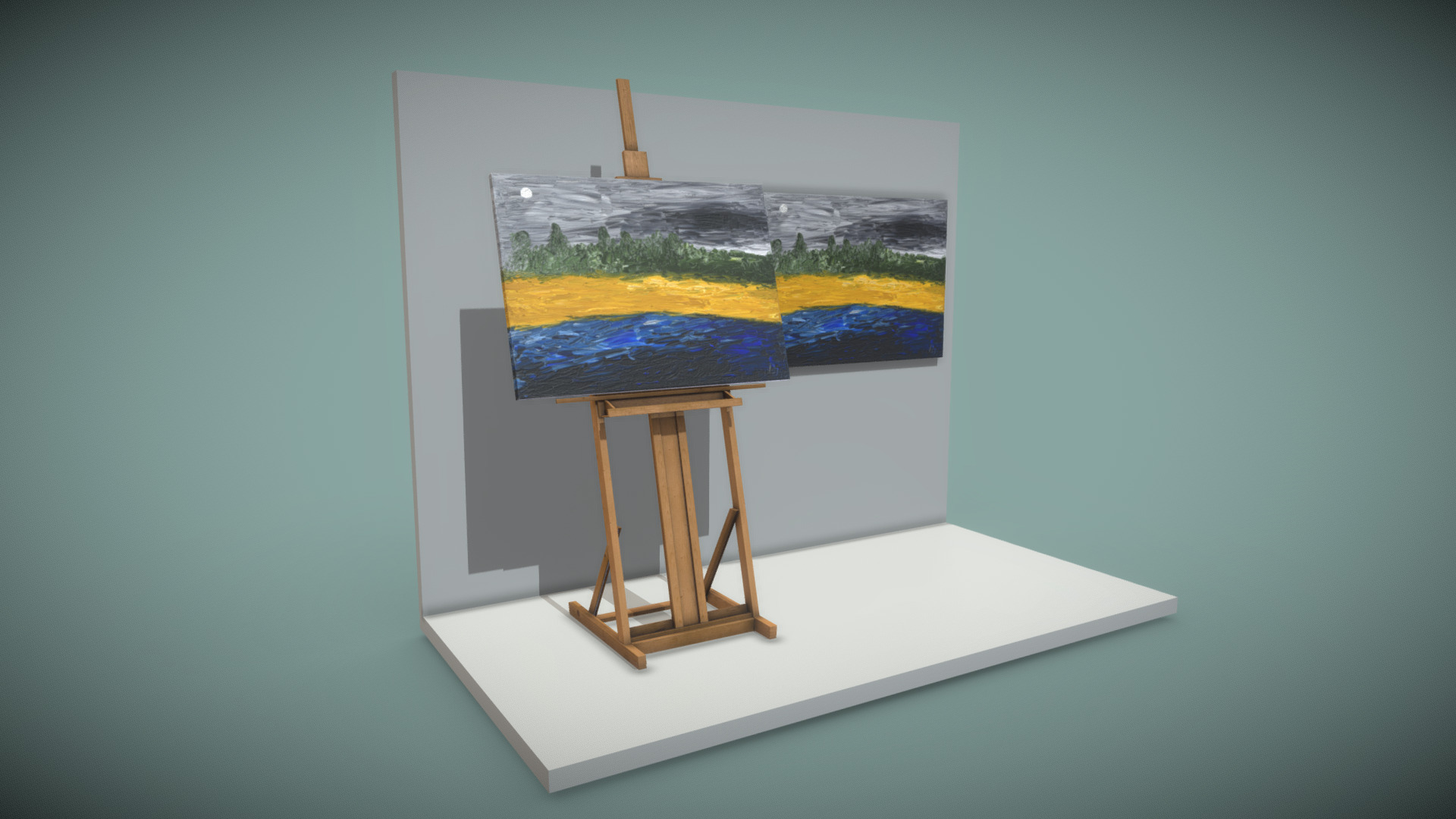 3D model Oil Painting – Mist Foehr - This is a 3D model of the Oil Painting - Mist Foehr. The 3D model is about a painting on a easel.
