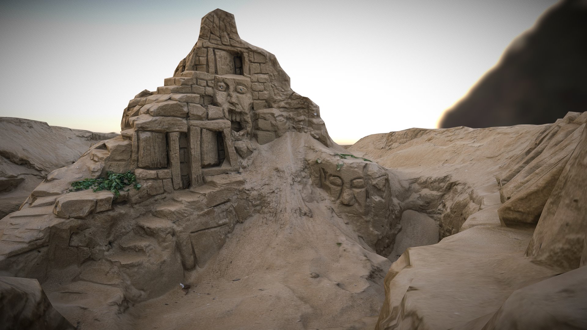 3D model Sand sculpture photogrammetry scan - This is a 3D model of the Sand sculpture photogrammetry scan. The 3D model is about a stone building on a rocky hill.