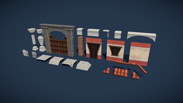 Low Poly, Roman Mansion Modular building pieces 3D Model