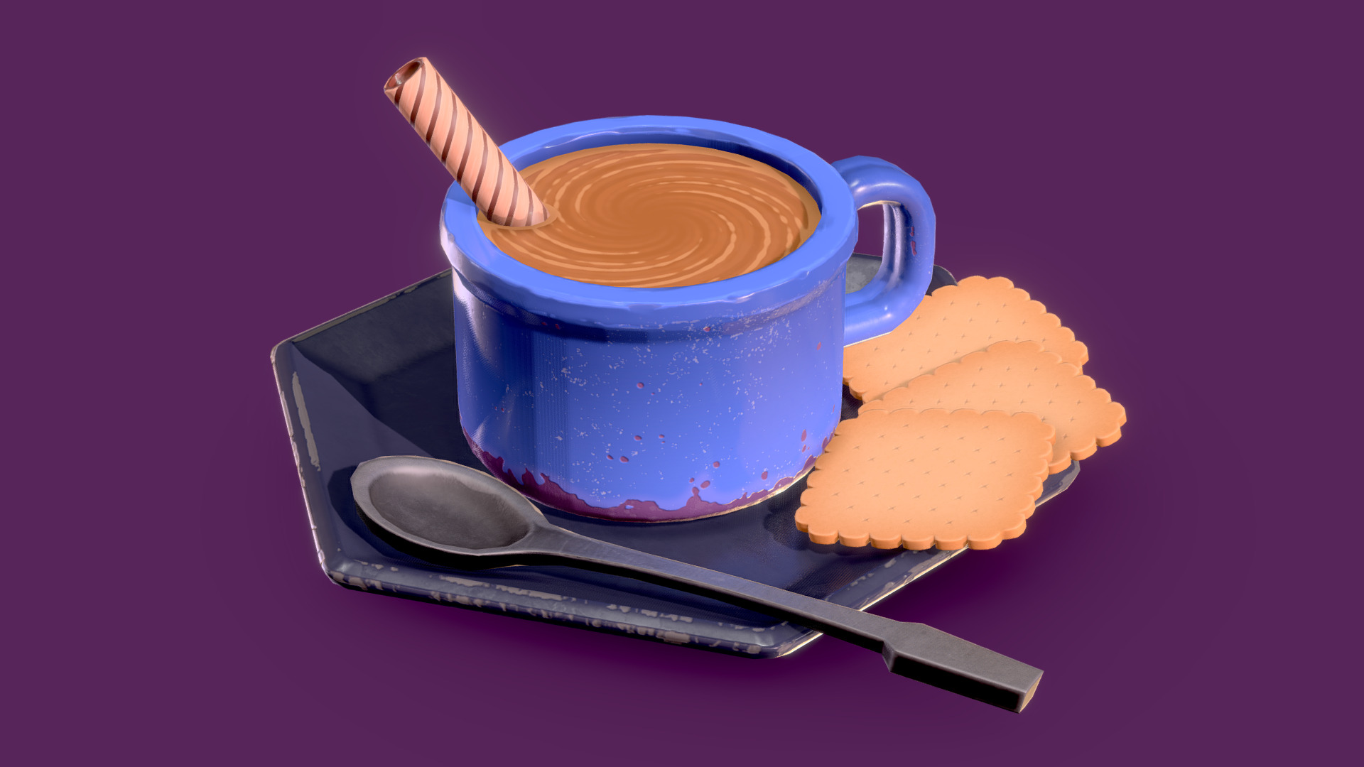 3D model Stay Toasty - This is a 3D model of the Stay Toasty. The 3D model is about a blue cup with a spoon and a piece of cheese on a plate.
