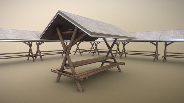 Roofed Wooden Rest Area Bench 3D Model