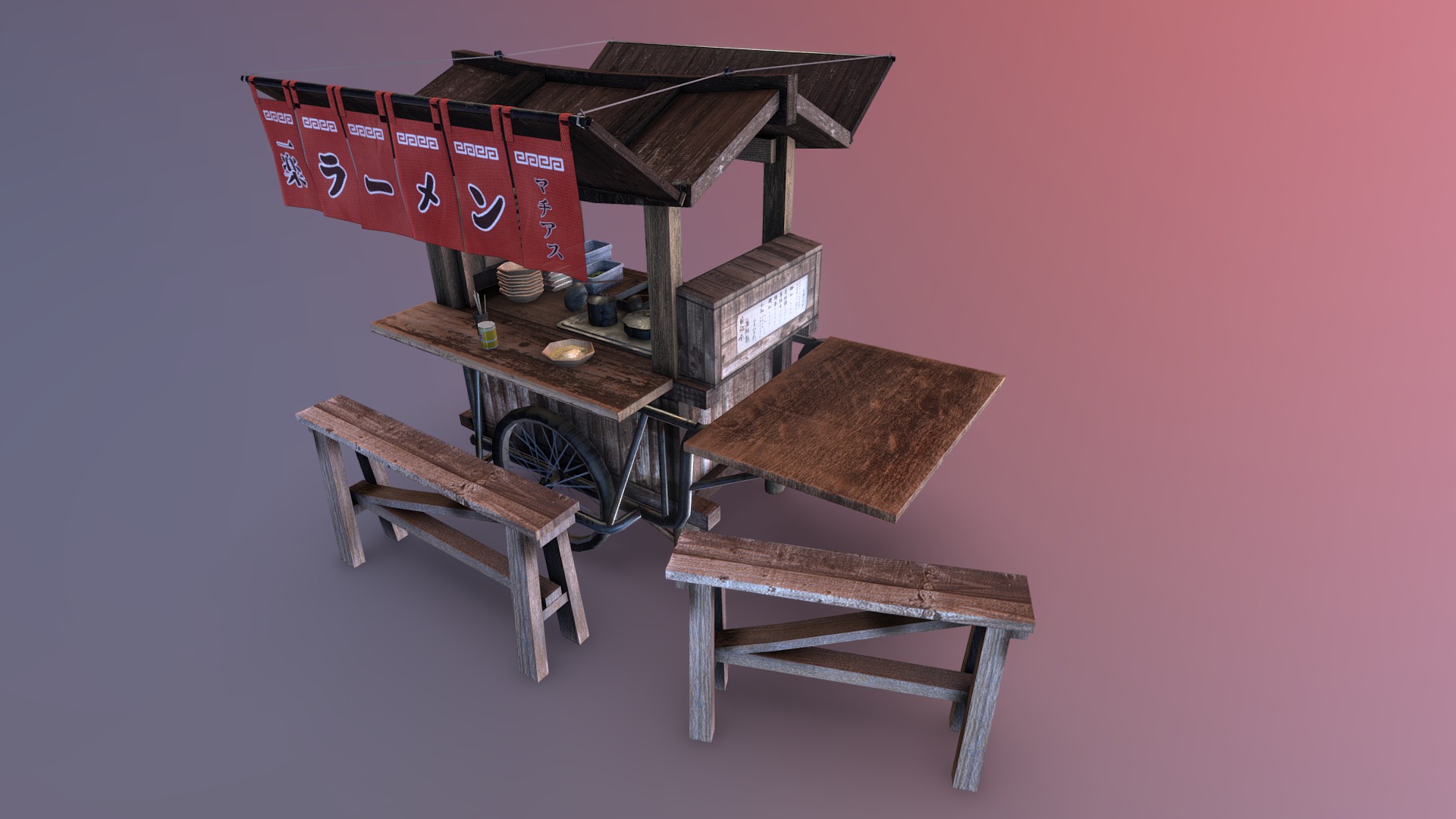 3D model Ramen-Yatai - This is a 3D model of the Ramen-Yatai. The 3D model is about a wooden table with a wheel and a box on top.