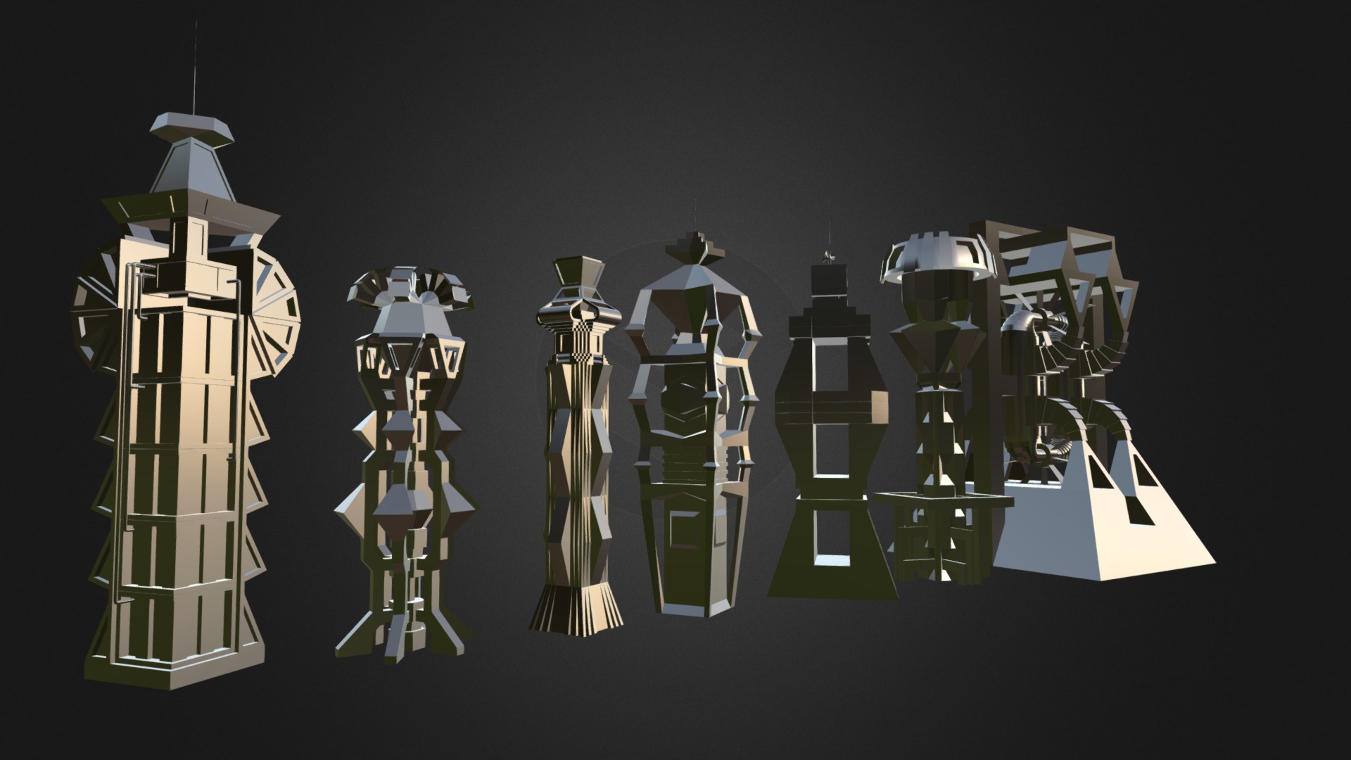 3D model Low-Poly Scifi ( Sci-Fi ) Building Collection - This is a 3D model of the Low-Poly Scifi ( Sci-Fi ) Building Collection. The 3D model is about a group of small white and gold objects.
