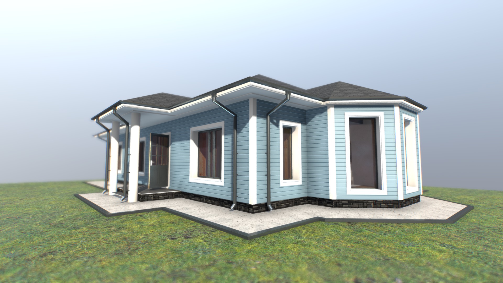 3D model 1 floor residential house – Project PR03_02_2020 - This is a 3D model of the 1 floor residential house - Project PR03_02_2020. The 3D model is about a small blue and white house.