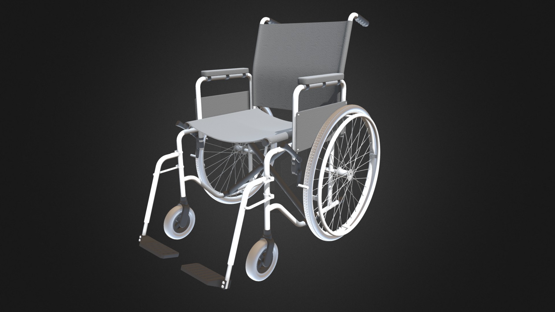 3D model Wheelchair - This is a 3D model of the Wheelchair. The 3D model is about a white wheelchair with a black background.
