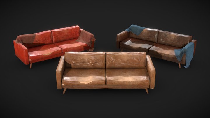 Worn Leather Couch 3D Model