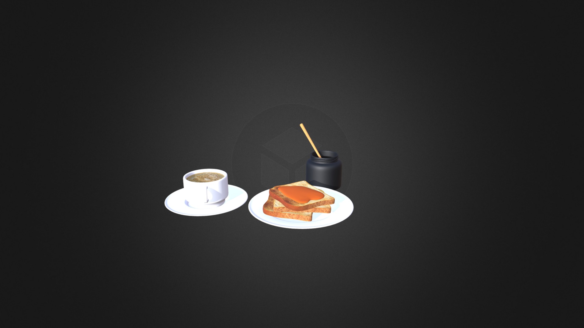 3D model Toast with Honey and Coffee - This is a 3D model of the Toast with Honey and Coffee. The 3D model is about a plate with food on it.