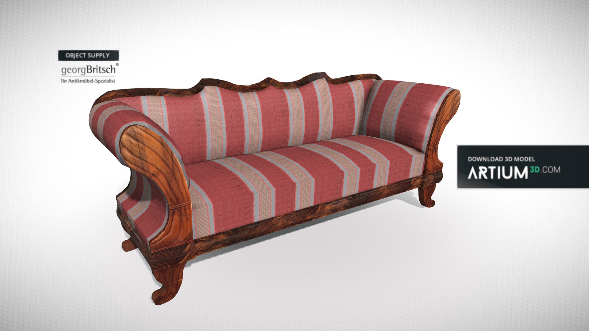 3D model Biedermeier sofa – Austria 1840 – Georg Britsch - This is a 3D model of the Biedermeier sofa - Austria 1840 - Georg Britsch. The 3D model is about a red and white striped pillow.