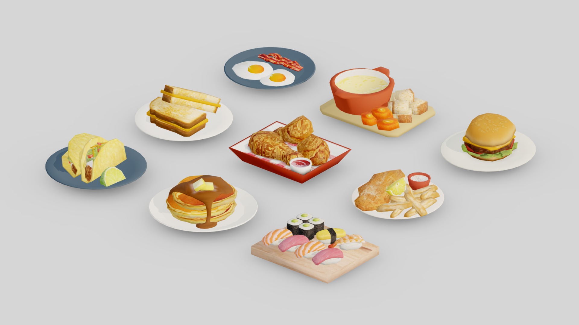 3D model Food Low Poly G04 - This is a 3D model of the Food Low Poly G04. The 3D model is about a group of plates with food on them.