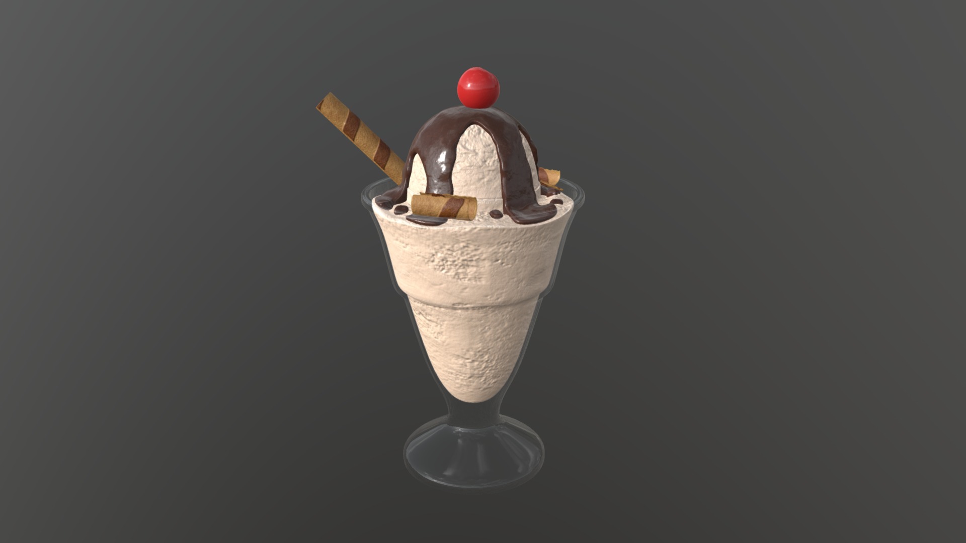 3D model Ice cream with chocolate and cherry in glass dis - This is a 3D model of the Ice cream with chocolate and cherry in glass dis. The 3D model is about a cup with a spoon in it.