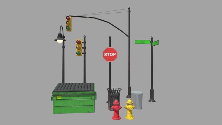 Street and City Props Dumpster Traffic Light 3D Model