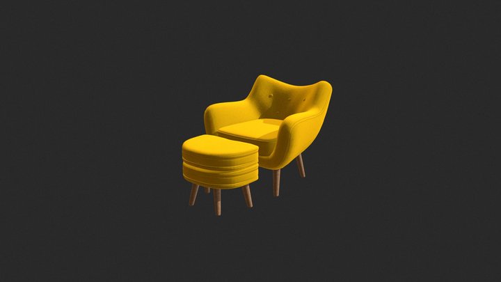 Yellow velvet armchair with puff 3D Model